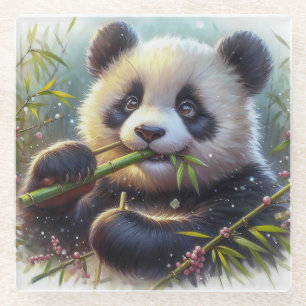 Adorable Panda Bear Eating Bamboo Glass Coaster