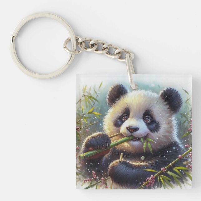 Adorable Panda Bear Eating Bamboo Key Ring (Front)