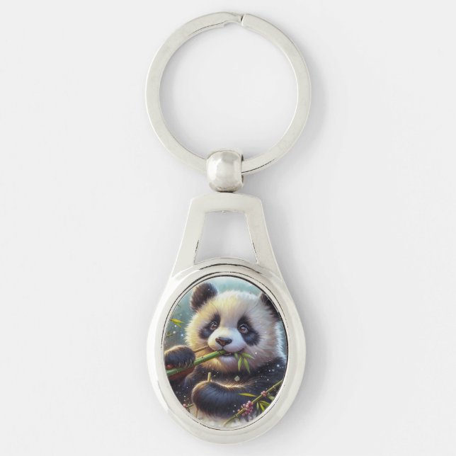 Adorable Panda Bear Eating Bamboo Key Ring (Front)