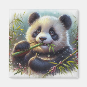 Adorable Panda Bear Eating Bamboo Magnet