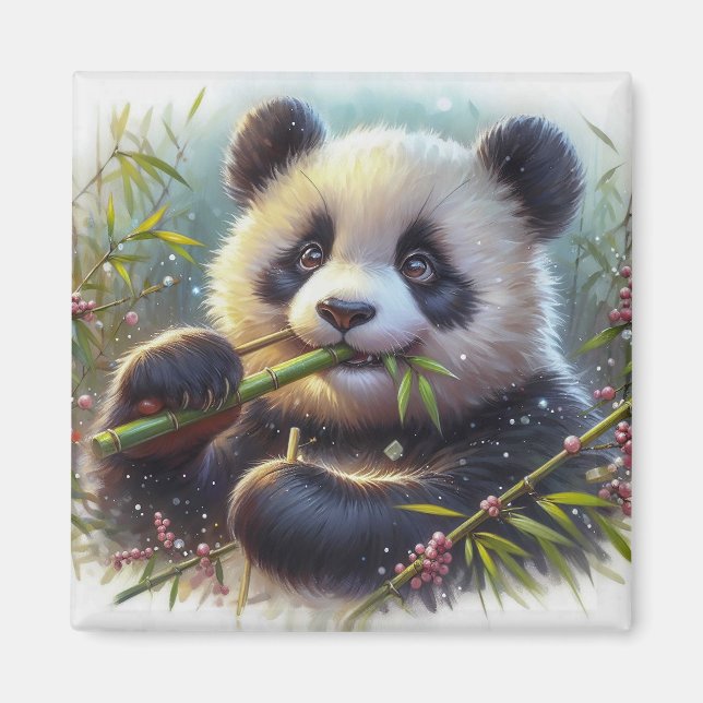 Adorable Panda Bear Eating Bamboo Magnet (Front)