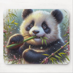 Adorable Panda Bear Eating Bamboo Mouse Pad