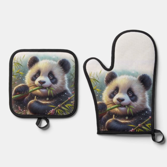Adorable Panda Bear Eating Bamboo Oven Mitt & Pot Holder Set (Front)