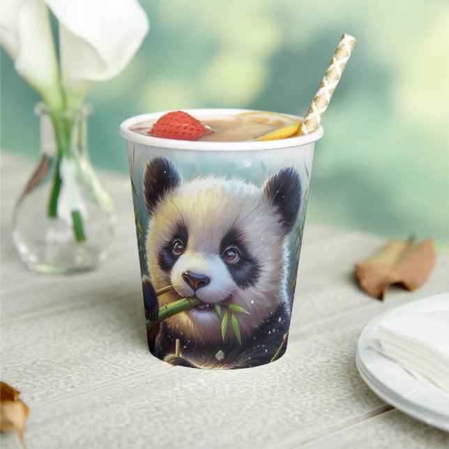 Adorable Panda Bear Eating Bamboo Paper Cups (Insitu)
