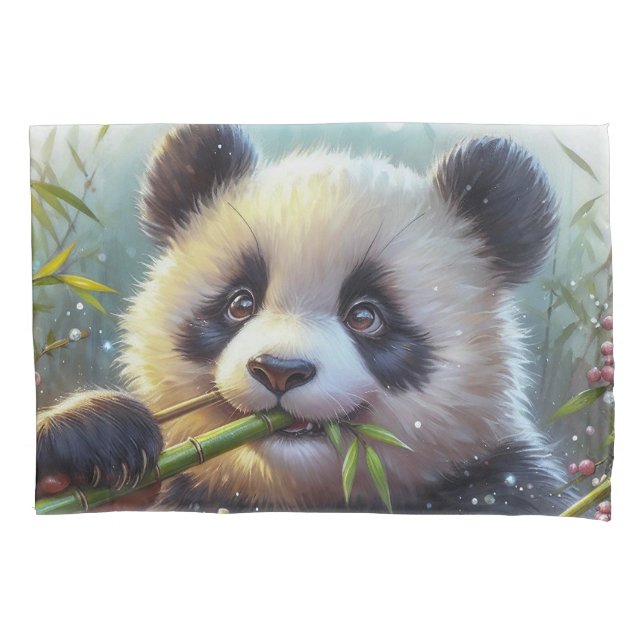 Adorable Panda Bear Eating Bamboo Pillowcase (Front)