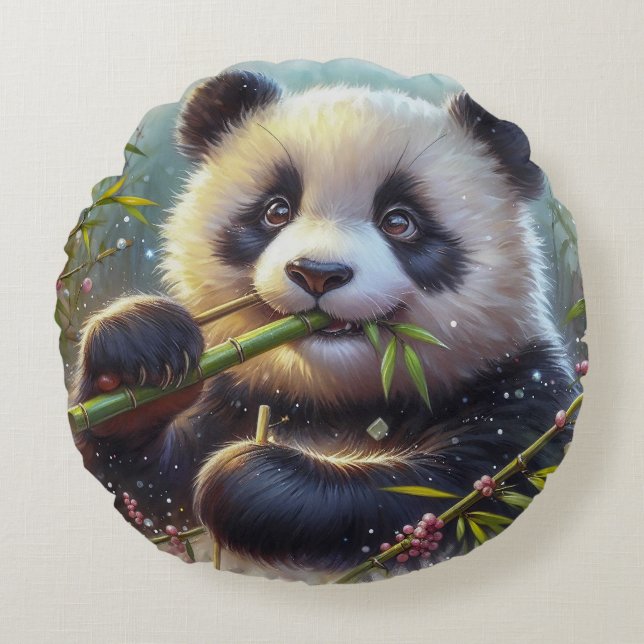 Adorable Panda Bear Eating Bamboo Round Cushion (Front)
