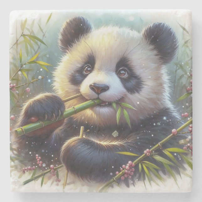 Adorable Panda Bear Eating Bamboo Stone Coaster (Front)