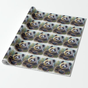 Adorable Panda Bear Eating Bamboo Wrapping Paper