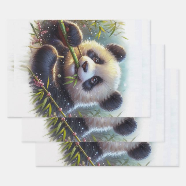 Adorable Panda Bear Eating Bamboo Wrapping Paper Sheet (Set)