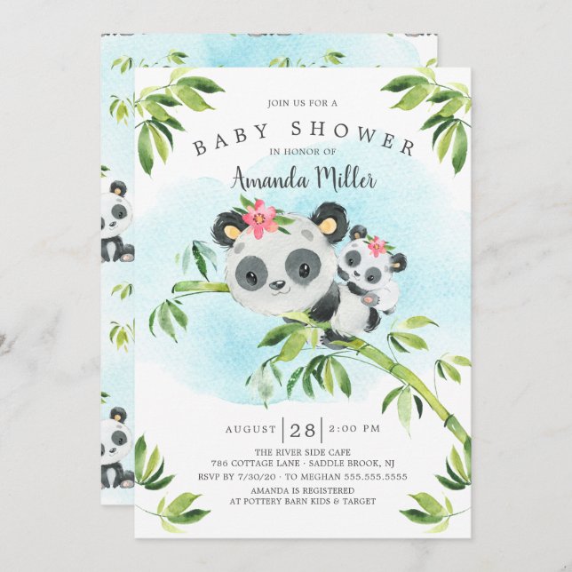Adorable Panda Bear Girls Baby Shower Invitation (Front/Back)