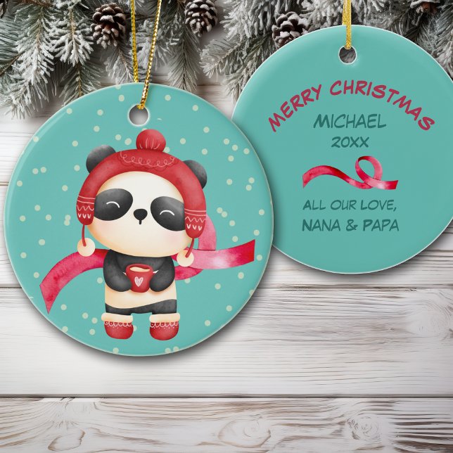 Adorable Panda Bear Grandchild Christmas Ceramic Ornament (Creator Uploaded)