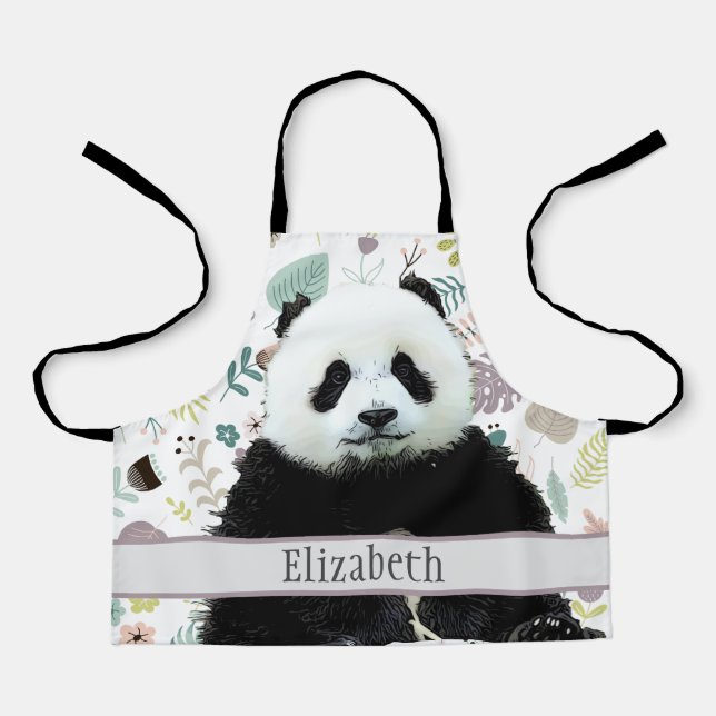 Adorable Panda Bear Teal Name Kids Animal Apron (Front)