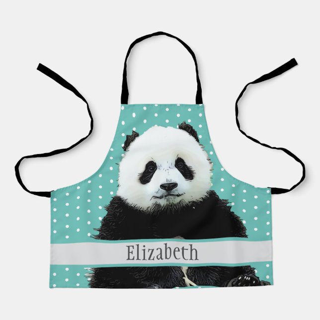 Adorable Panda Bear Teal Name Kids Animal Apron (Front)