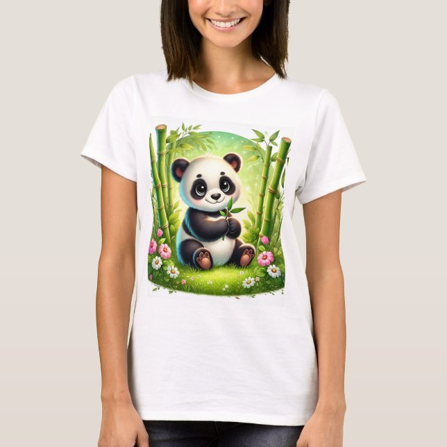 Adorable Panda Cub in Bamboo Forest- Whimsical Art T-Shirt (Front)
