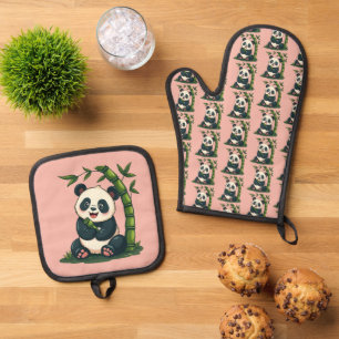 Adorable Panda Hugging Bamboo Cute Cartoon Art Oven Mitt & Pot Holder Set