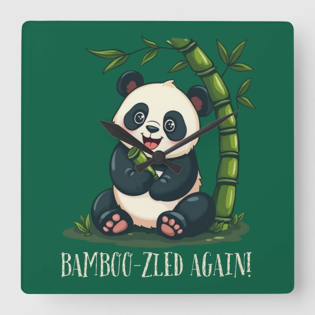 Adorable Panda Hugging Bamboo Cute Cartoon Green Square Wall Clock (Front)