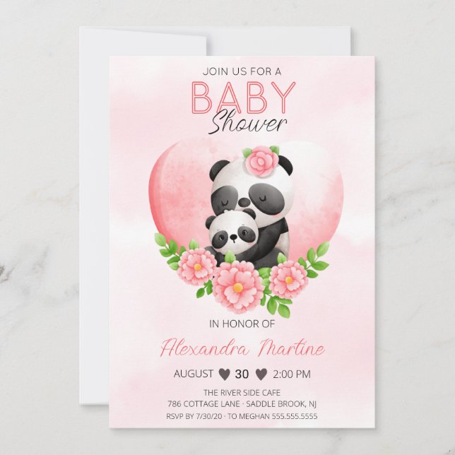 Adorable Panda Mum & baby Pink Floral Baby Shower  Invitation (Front)