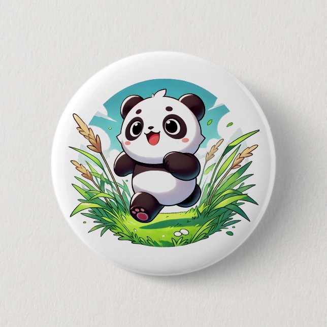 Adorable panda running through a field 6 cm round badge (Front)