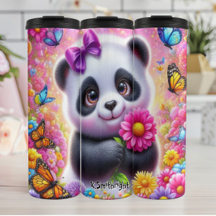 Adorable Panda with a Bright Flower Thermal Tumbler