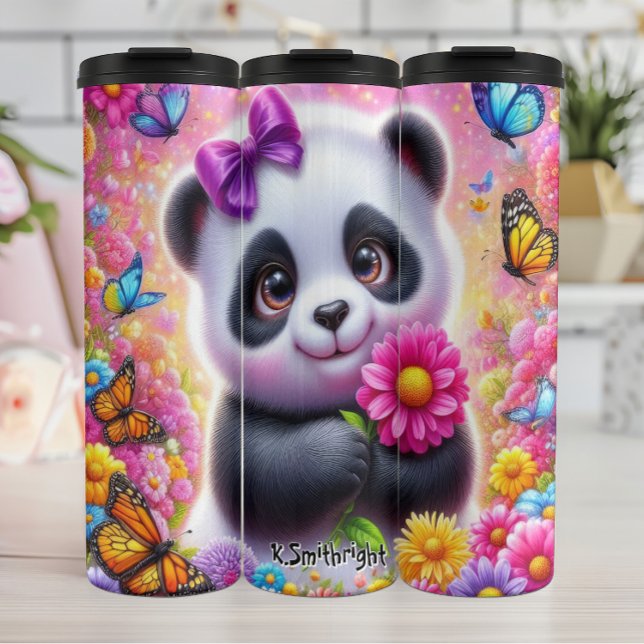 Adorable Panda with a Bright Flower Thermal Tumbler (Creator Uploaded)