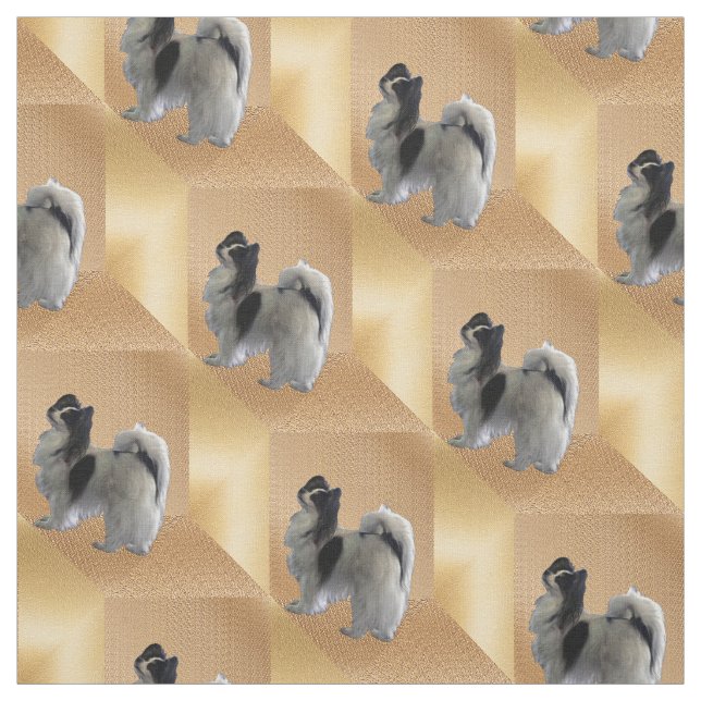 Adorable Papillon dog on Gold Cubes Fabric (Swatch)