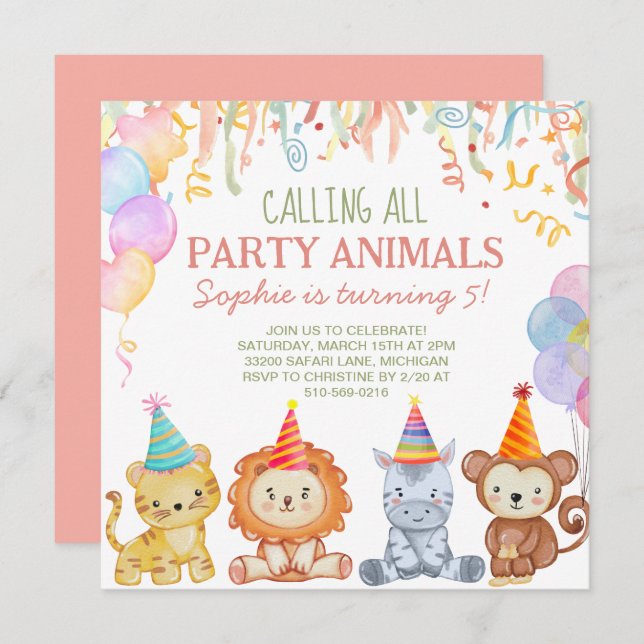 Adorable Party Animals Peach Pink Safari Birthday Invitation (Front/Back)