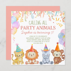 Adorable Party Animals Peach Pink Safari Birthday Invitation