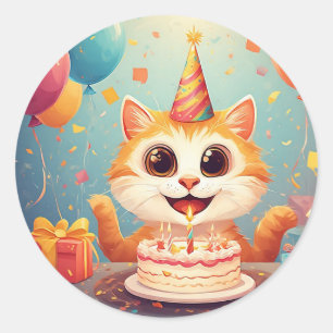 Adorable Party Cat With Cake and Balloons Classic Round Sticker