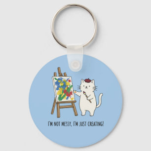 Adorable Pastel Blue Cat Abstract Art Messy Artist Key Ring