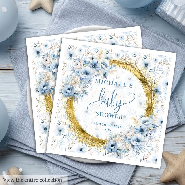 Adorable pastel blue flowers gold baby shower  napkin (Adorable pastel blue flowers gold baby shower paper dinner napkins)