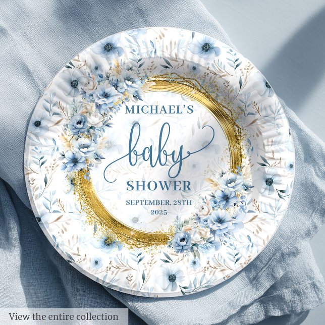 Adorable pastel blue flowers gold boho shower  paper plate (Adorable pastel blue flowers gold boho shower paper plates)