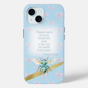 Adorable Pastel Blue Pink Bow Bible Turquoise Bee iPhone 15 Case