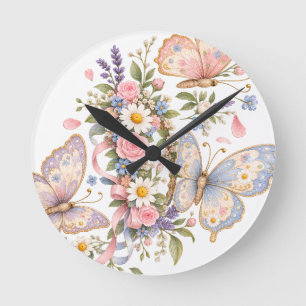 Adorable Pastel Butterfly Art  Round Clock
