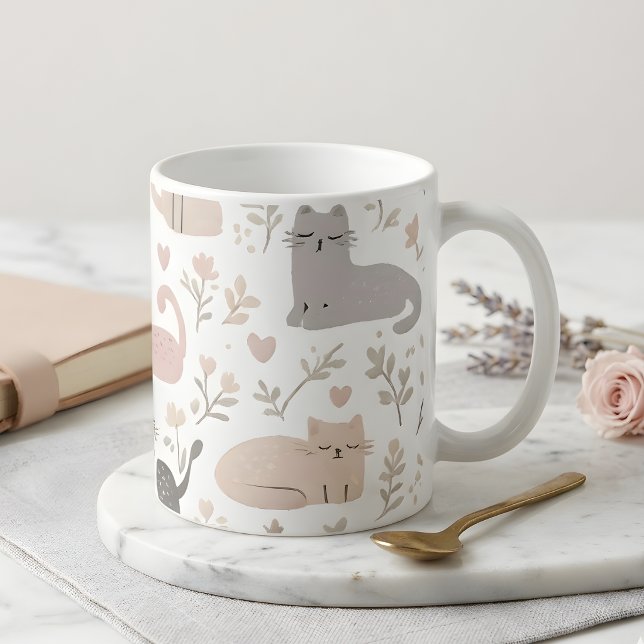 Adorable Pastel Cat & Floral Pattern Coffee Mug (Creator Uploaded)