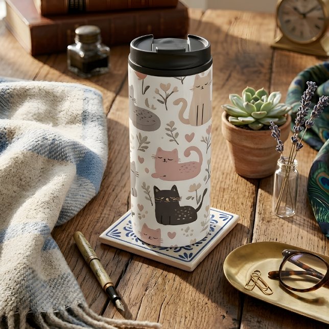 Adorable Pastel Cat & Floral Pattern  Thermal Tumbler (Creator Uploaded)
