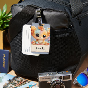 Adorable Pastel Fantasy Creature Holding a Name Luggage Tag