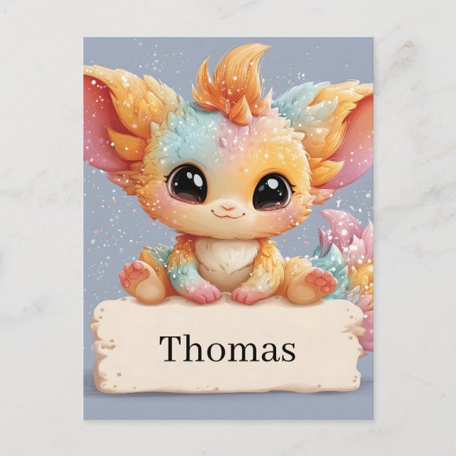 Adorable Pastel Fantasy Creature Holding a Name Postcard (Front)