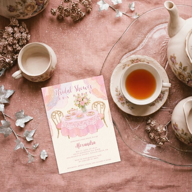 Adorable Pastel Pink Tea Party Bridal Shower Invitation (Adorable Pastel Tea Party Illustration Invitation Card Design for Bridal Shower in Pink Tones.)