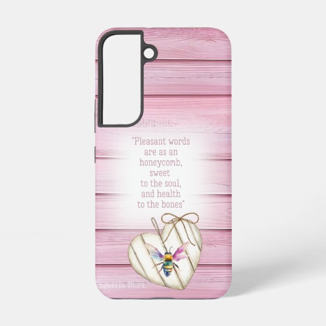 Adorable Pastel Pink Wood Heart Rainbow Bee Faith Samsung Galaxy S22 Case (Back)