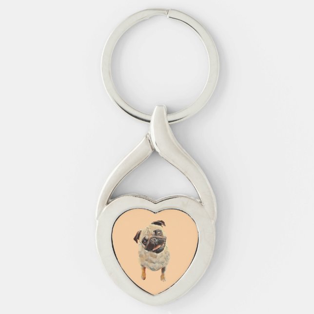 Adorable Pastel Pug Dog Heart Key Chain (Front)
