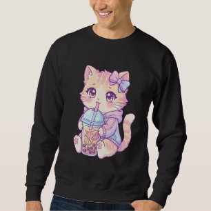 Adorable Pastel Tabby Cat Drinking Boba Art Kawaii Sweatshirt