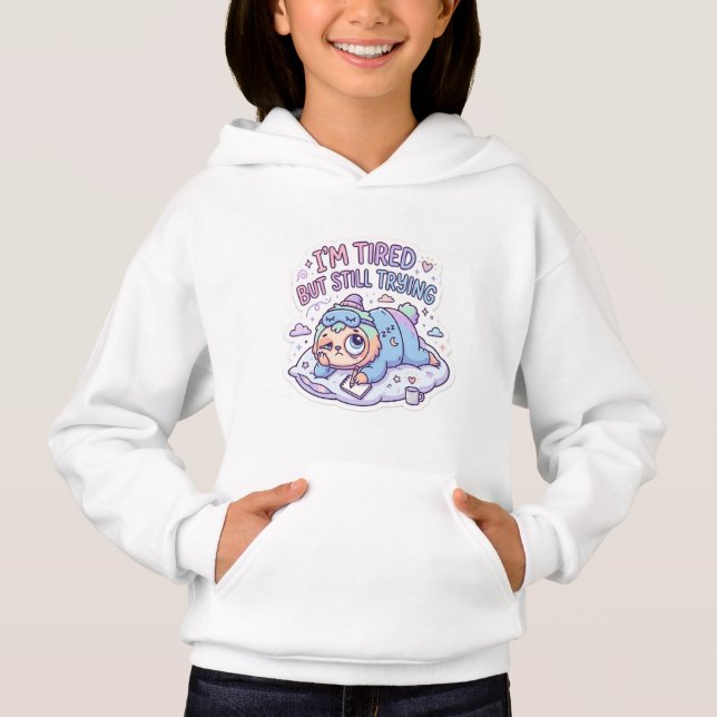 Adorable Pastel Tired Cat Pullover Aesthetic Hoodi (Front)