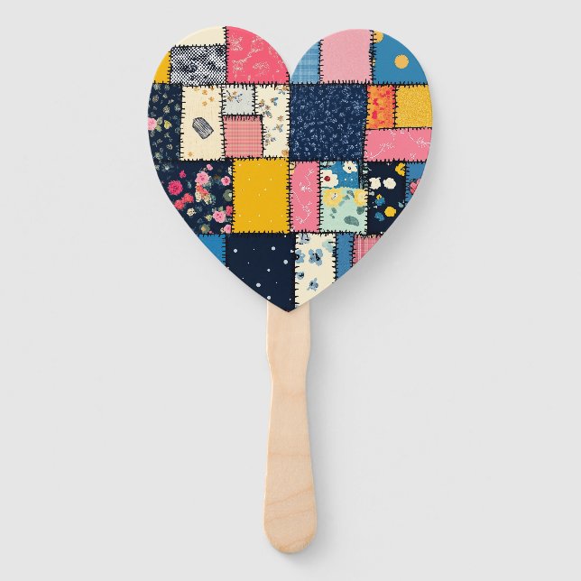 Adorable Patchwork Design, Playful Pattern Hand Fan (Front)