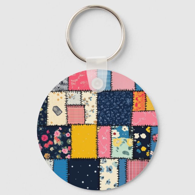 Adorable Patchwork Design, Playful Pattern Key Ring (Front)