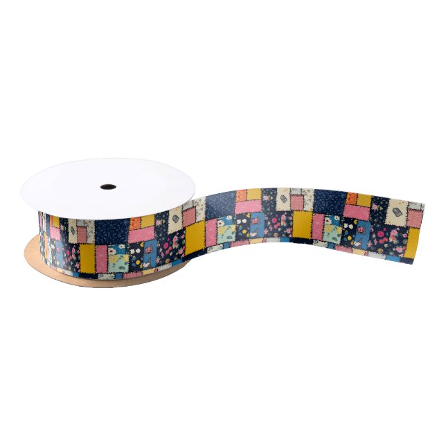 Adorable Patchwork Design, Playful Pattern Satin Ribbon (Spool)