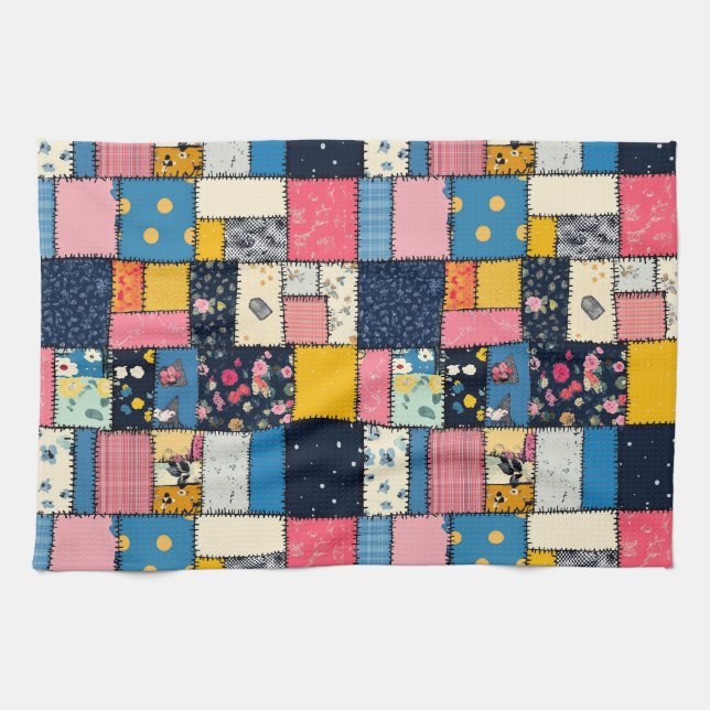 Adorable Patchwork Design, Playful Pattern Tea Towel (Horizontal)