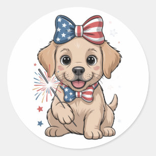 Adorable Patriotic Puppy 4th of July Celebration Classic Round Sticker