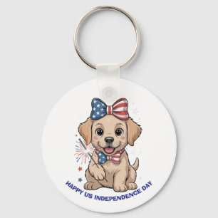 Adorable Patriotic Puppy 4th of July Celebration Key Ring