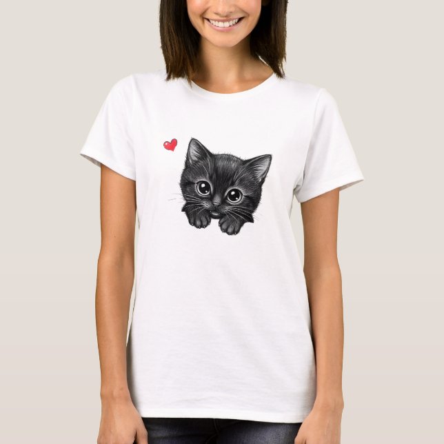Adorable Peeking Black Kitten with Heart T-Shirt  (Front)