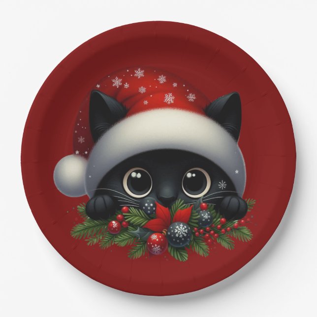 Adorable Peeking Christmas Black Cat Paper Plate (Front)